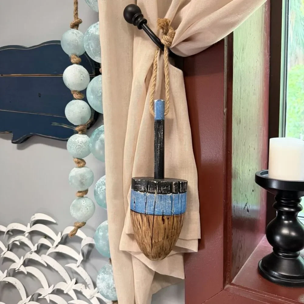 Decorative Wood Buoy Blue Stripe Rope Hanger 15 Inch Nautical Wall Accent